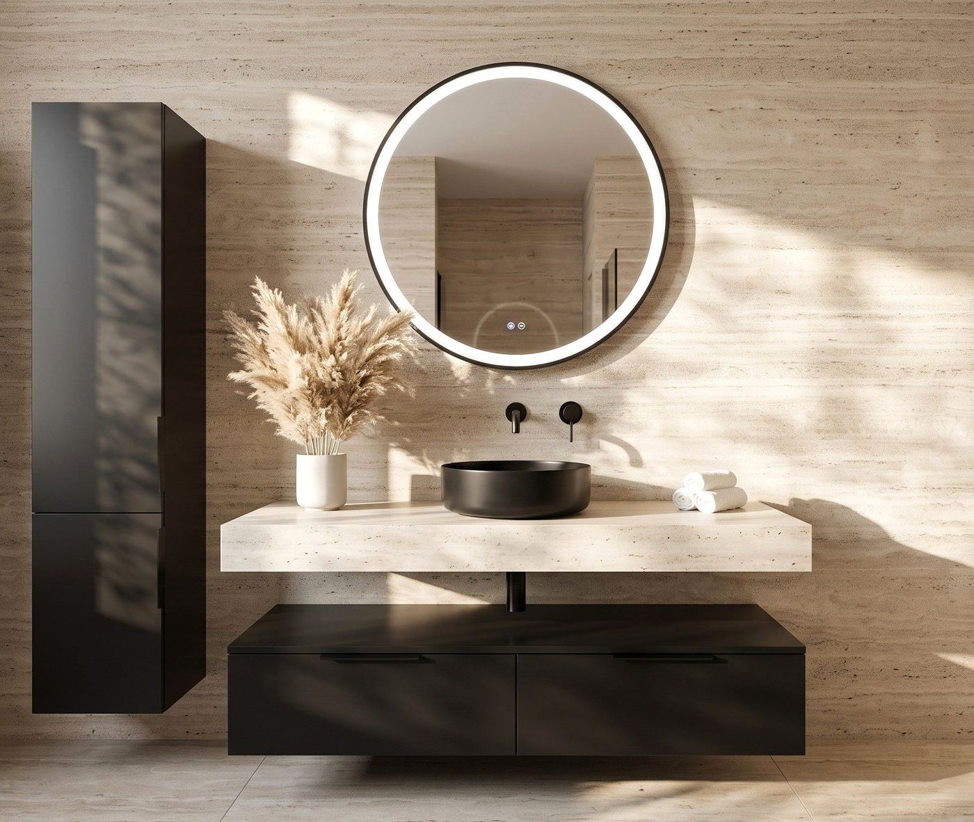 Baño de diseño en travertino con mueble negro — Norié