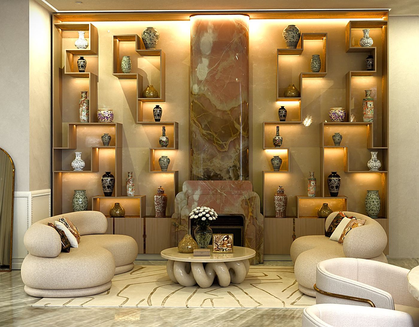 Muro de onyx retroiluminado con piezas orientales