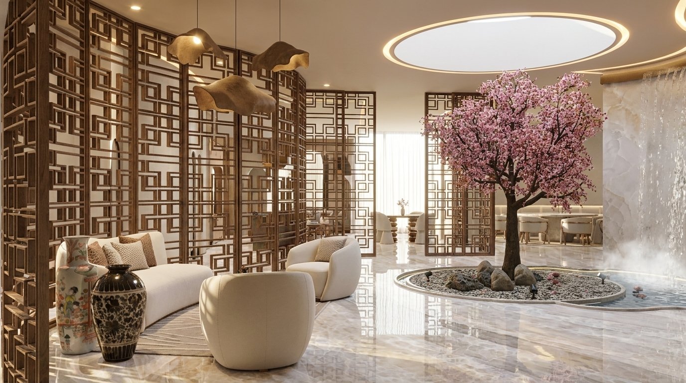 Salón oriental con celosías, cerezo y cascada de onyx
