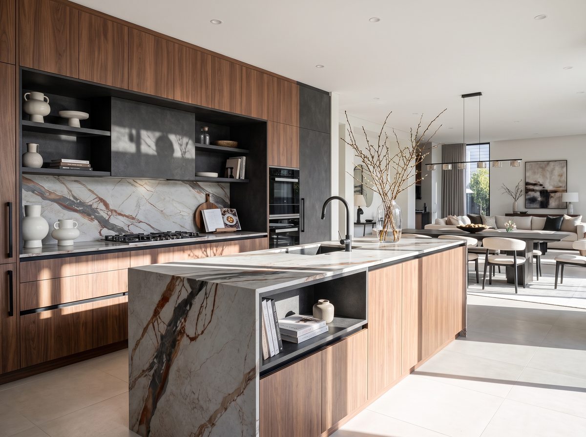 Frente de cocina en nogal con encimera de piedra