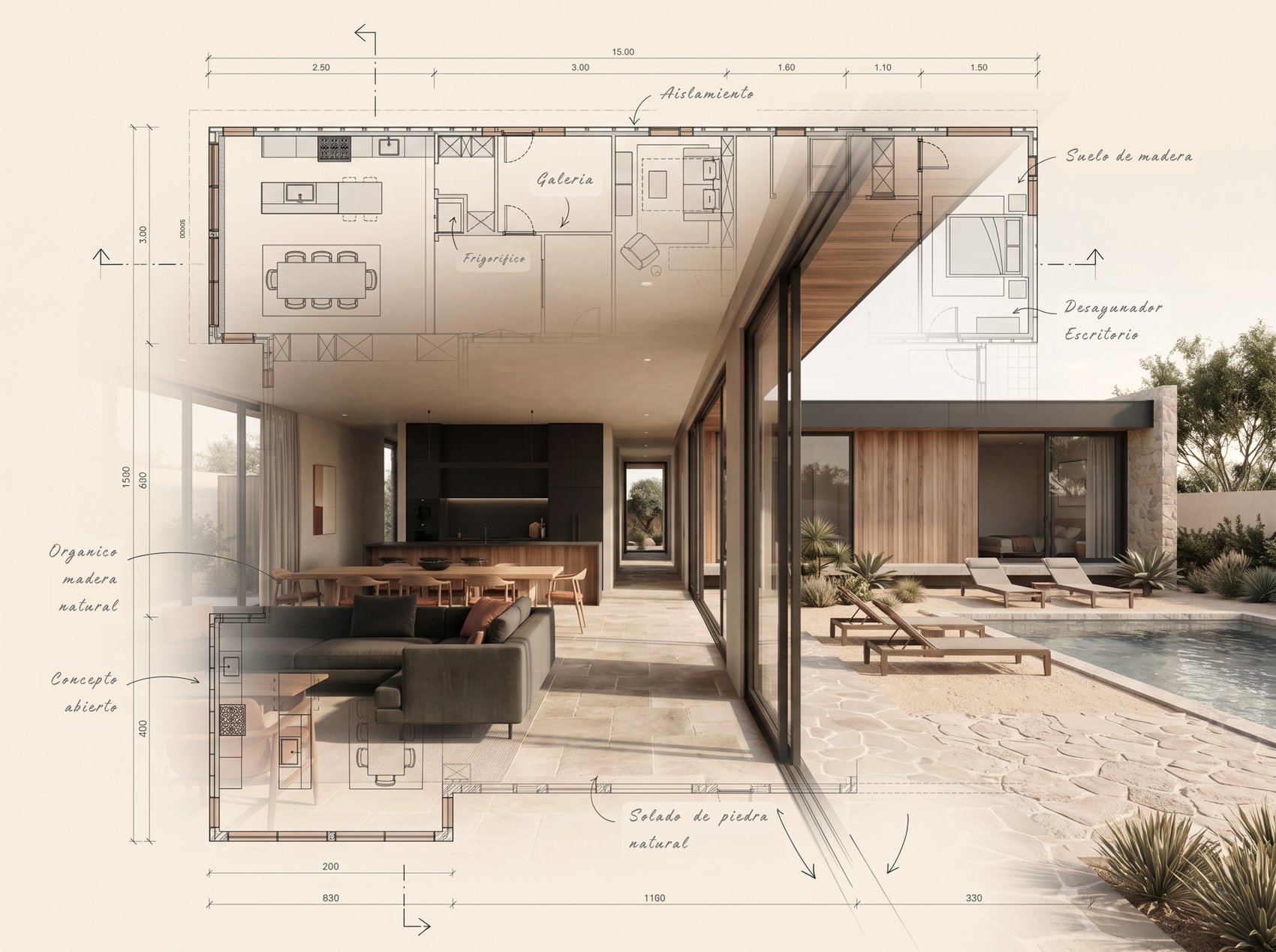 Plano de distribuci&oacute;n acotado superpuesto sobre el render de una vivienda con patio y piscina